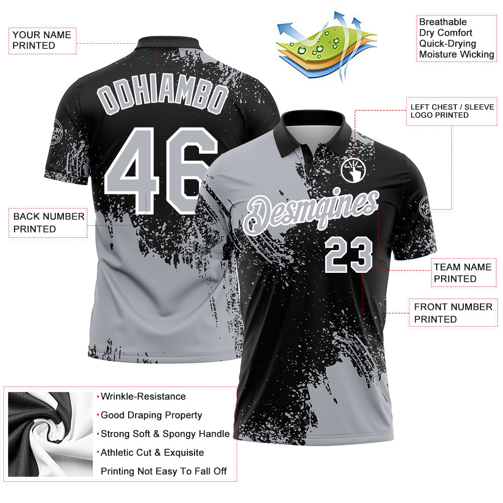 Custom Gray Black-White 3D Pattern Design Abstract Brush Stroke Performance Polo Shirt view 3