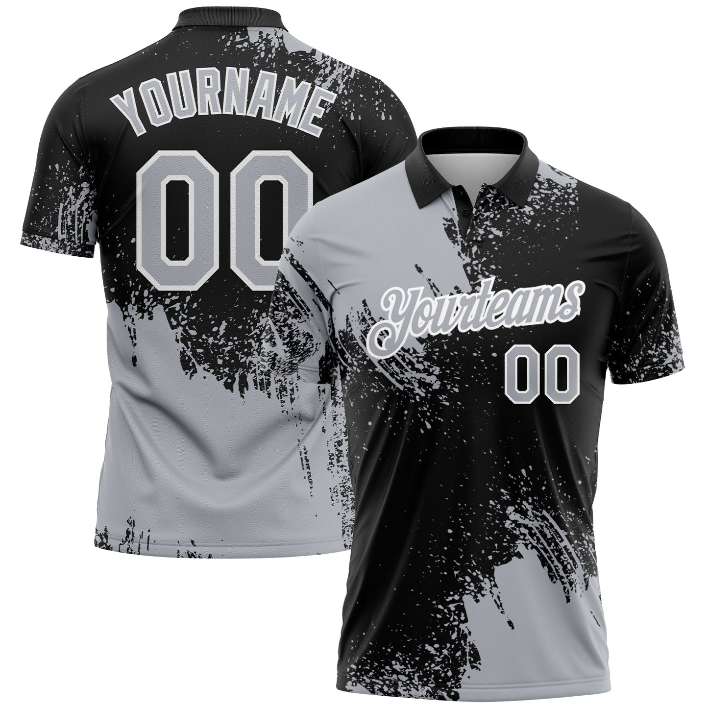 Custom Gray Black-White 3D Pattern Design Abstract Brush Stroke Performance Polo Shirt - Main View