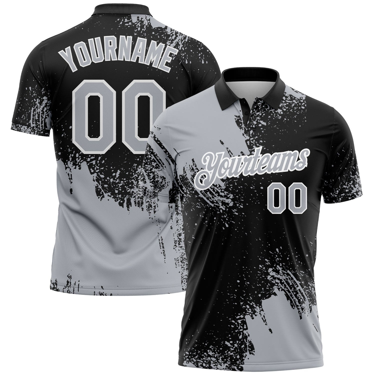 Custom Gray Black-White 3D Pattern Design Abstract Brush Stroke Performance Polo Shirt - Main View