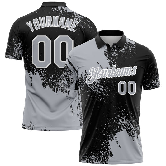 Custom Gray Black-White 3D Pattern Design Abstract Brush Stroke Performance Polo Shirt - Main View