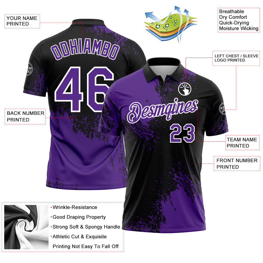 Custom Purple Black-White 3D Pattern Design Abstract Brush Stroke Performance Polo Shirt view 3