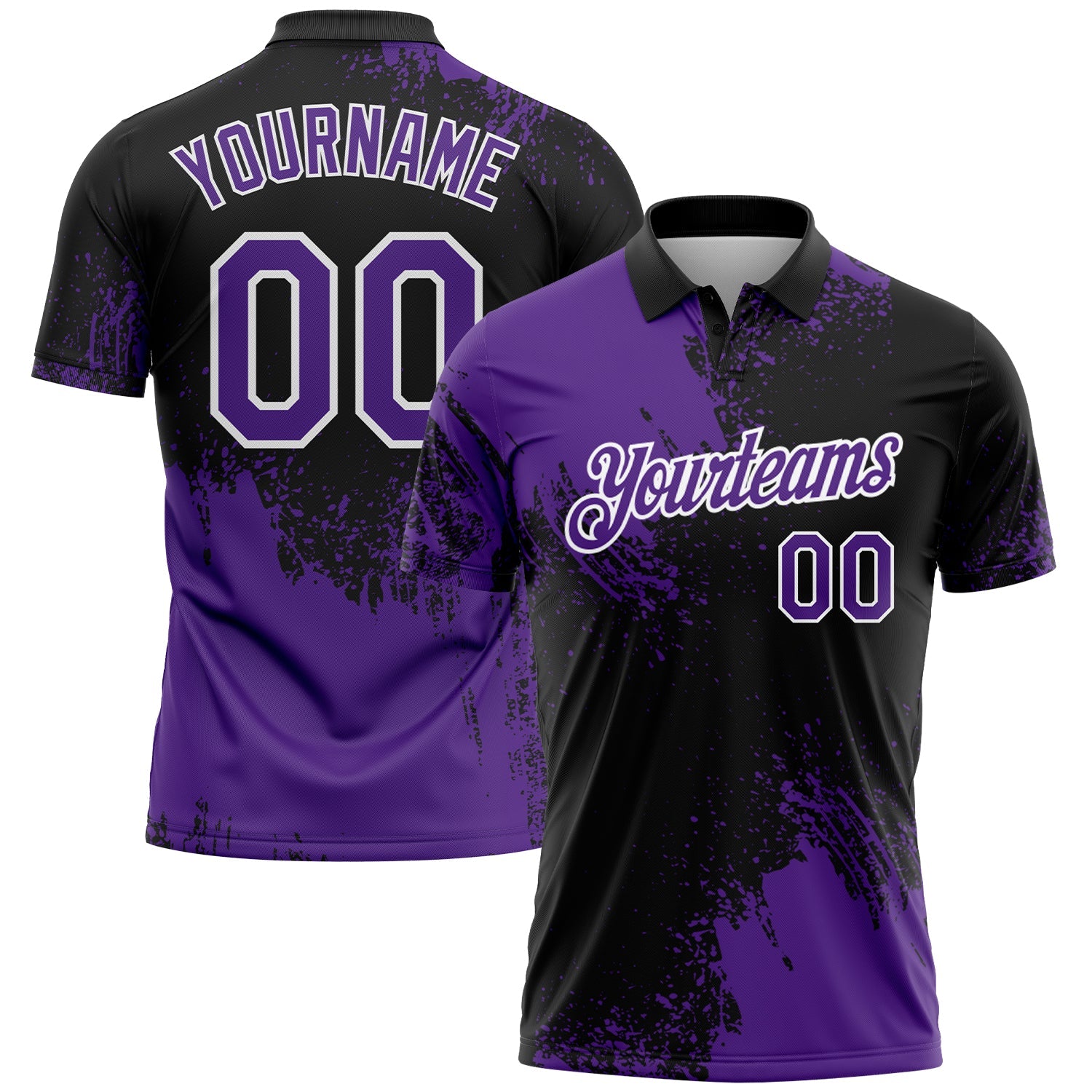Custom Purple Black-White 3D Pattern Design Abstract Brush Stroke Performance Polo Shirt - Main View