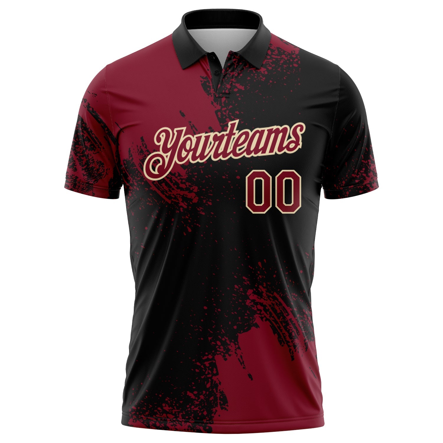 Custom Crimson Black-Cream 3D Pattern Design Abstract Brush Stroke Performance Polo Shirt view 2