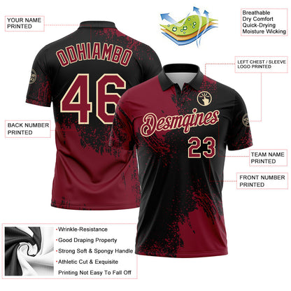 Custom Crimson Black-Cream 3D Pattern Design Abstract Brush Stroke Performance Polo Shirt view 3