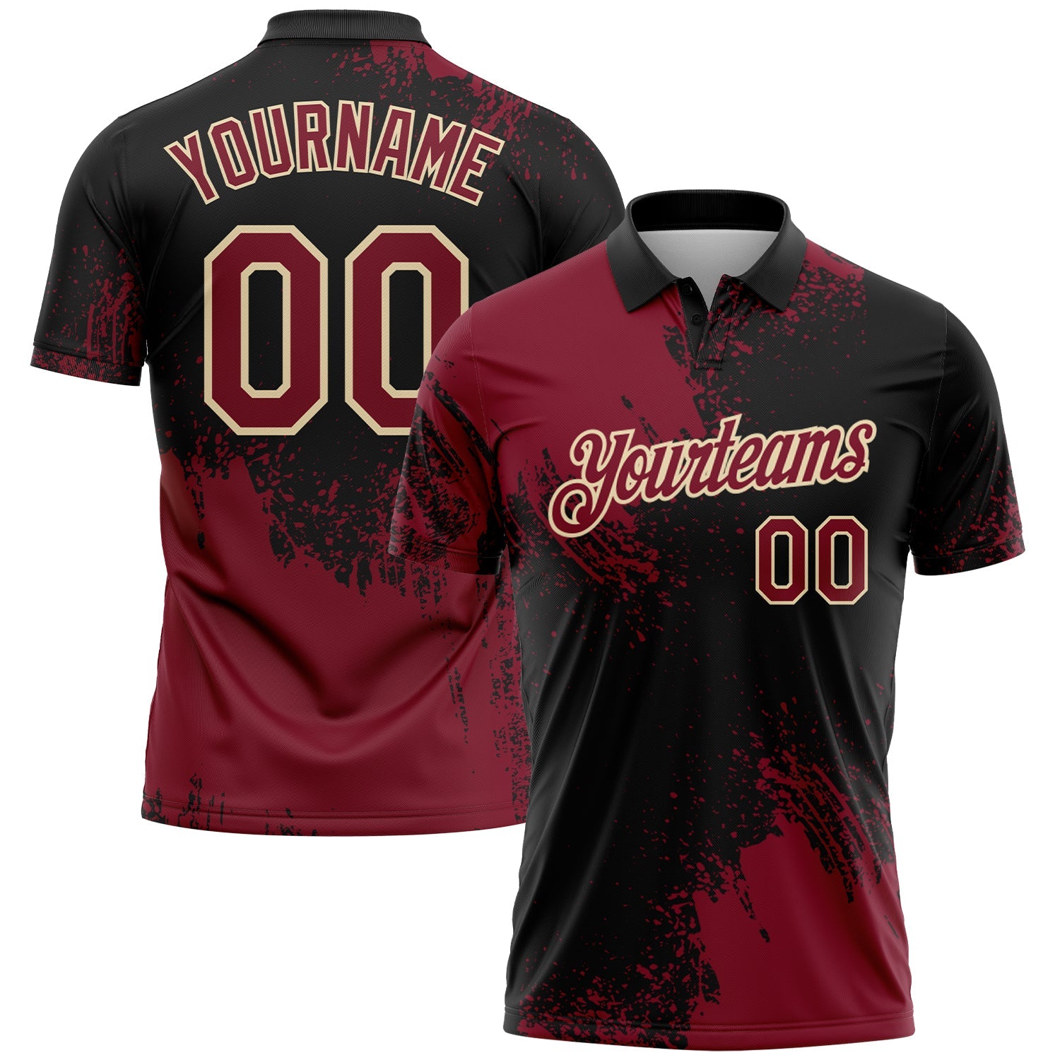 Custom Crimson Black-Cream 3D Pattern Design Abstract Brush Stroke Performance Polo Shirt - Main View