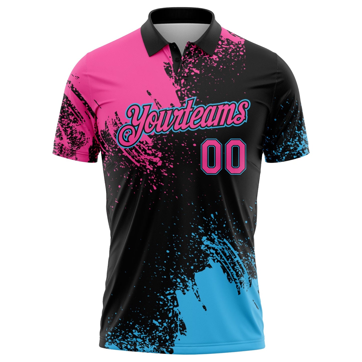Custom Pink Black-Sky Blue 3D Pattern Design Abstract Brush Stroke Performance Polo Shirt view 2