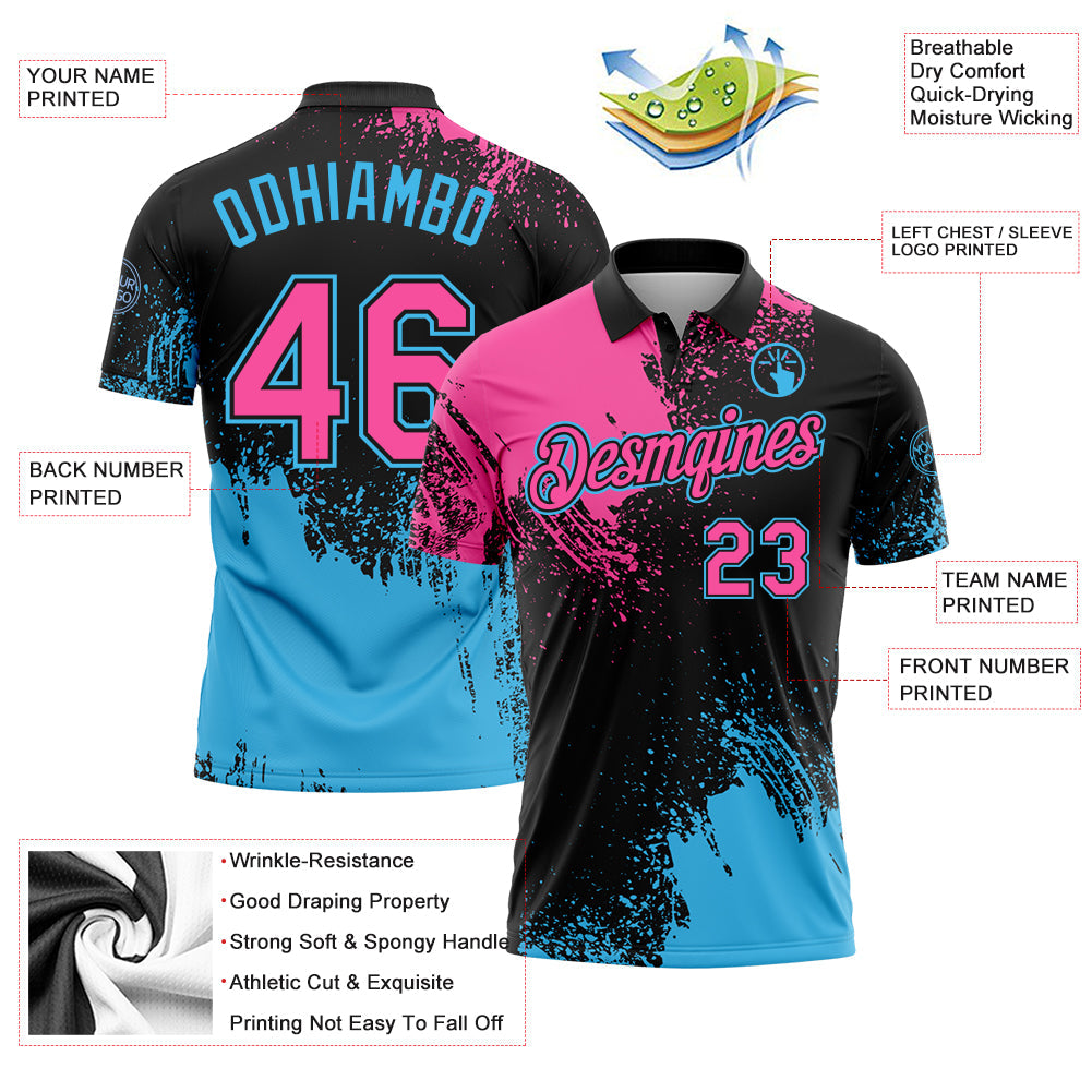 Custom Pink Black-Sky Blue 3D Pattern Design Abstract Brush Stroke Performance Polo Shirt view 3
