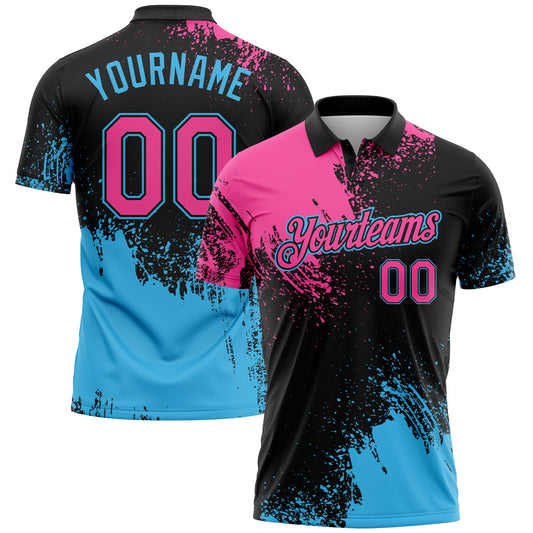 Custom Pink Black-Sky Blue 3D Pattern Design Abstract Brush Stroke Performance Polo Shirt - Main View