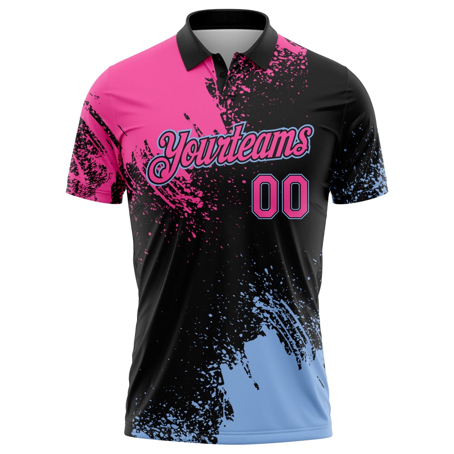 Custom Pink Black-Light Blue 3D Pattern Design Abstract Brush Stroke Performance Polo Shirt view 2