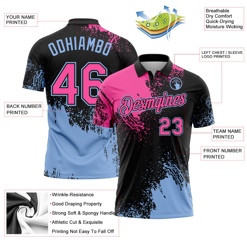 Custom Pink Black-Light Blue 3D Pattern Design Abstract Brush Stroke Performance Polo Shirt view 3