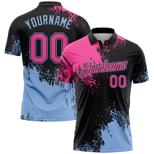 Custom Pink Black-Light Blue 3D Pattern Design Abstract Brush Stroke Performance Polo Shirt - Main View