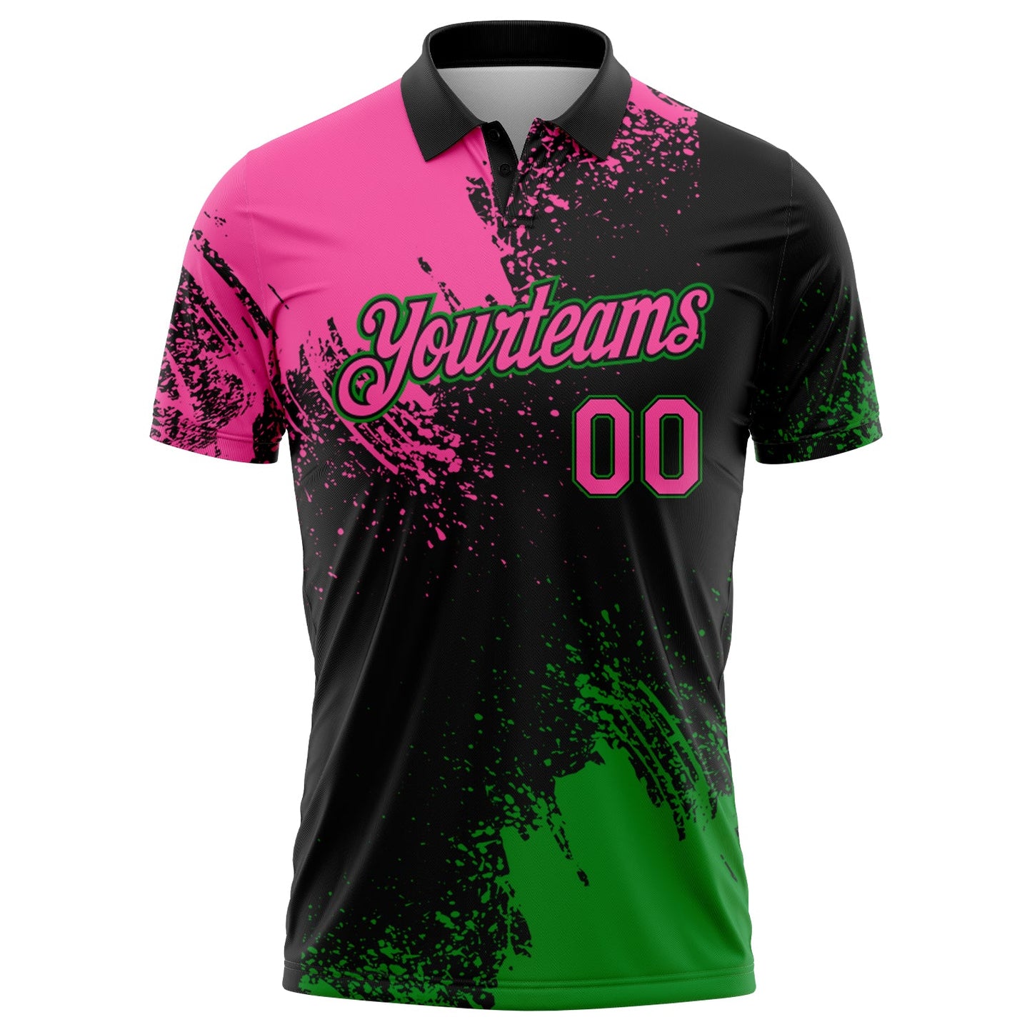 Custom Pink Black-Grass Green 3D Pattern Design Abstract Brush Stroke Performance Polo Shirt view 2
