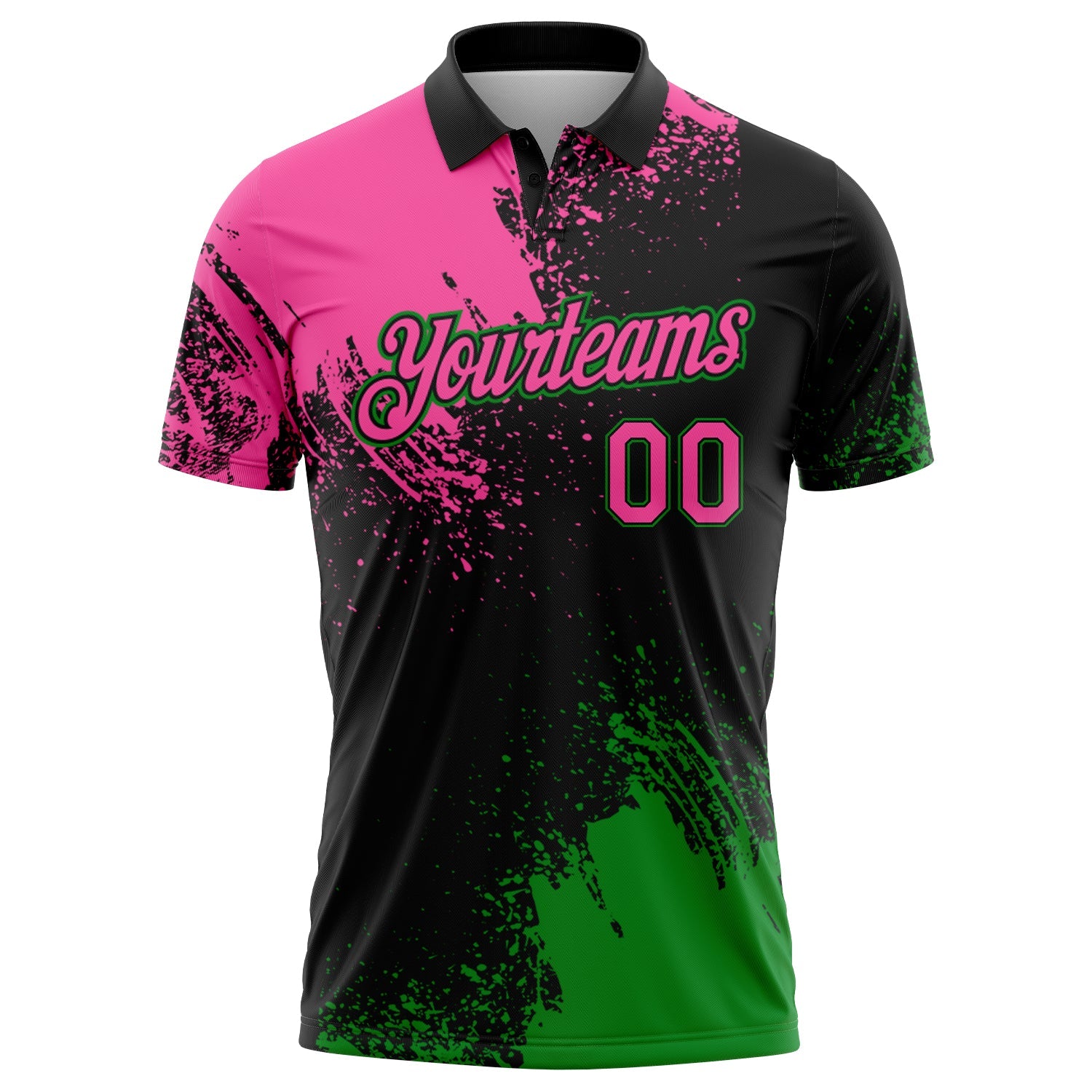 Custom Pink Black-Grass Green 3D Pattern Design Abstract Brush Stroke Performance Polo Shirt view 2