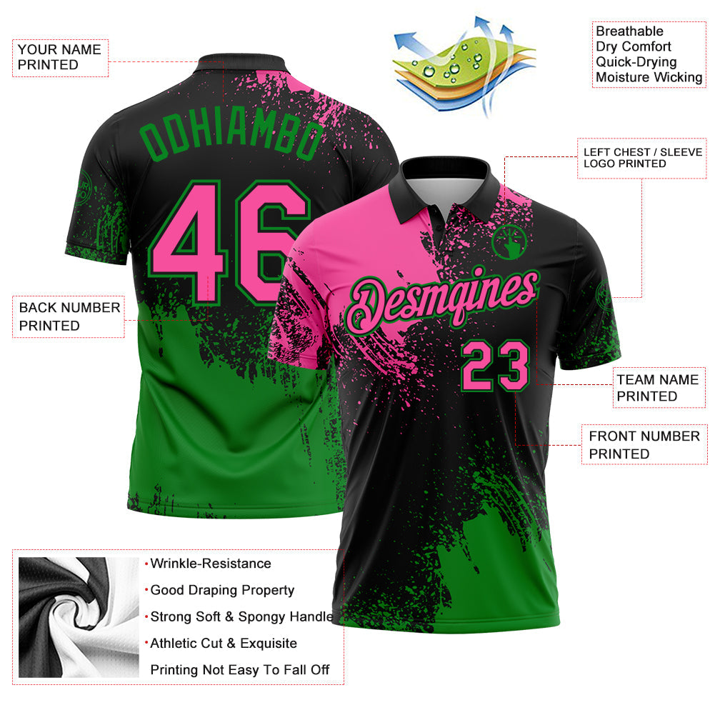Custom Pink Black-Grass Green 3D Pattern Design Abstract Brush Stroke Performance Polo Shirt view 3