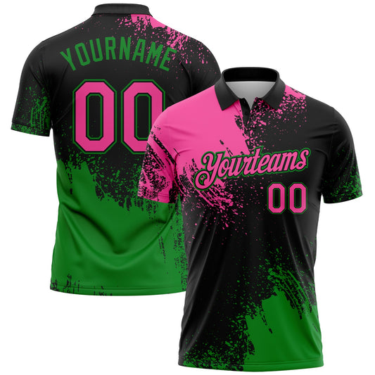 Custom Pink Black-Grass Green 3D Pattern Design Abstract Brush Stroke Performance Polo Shirt - Main View