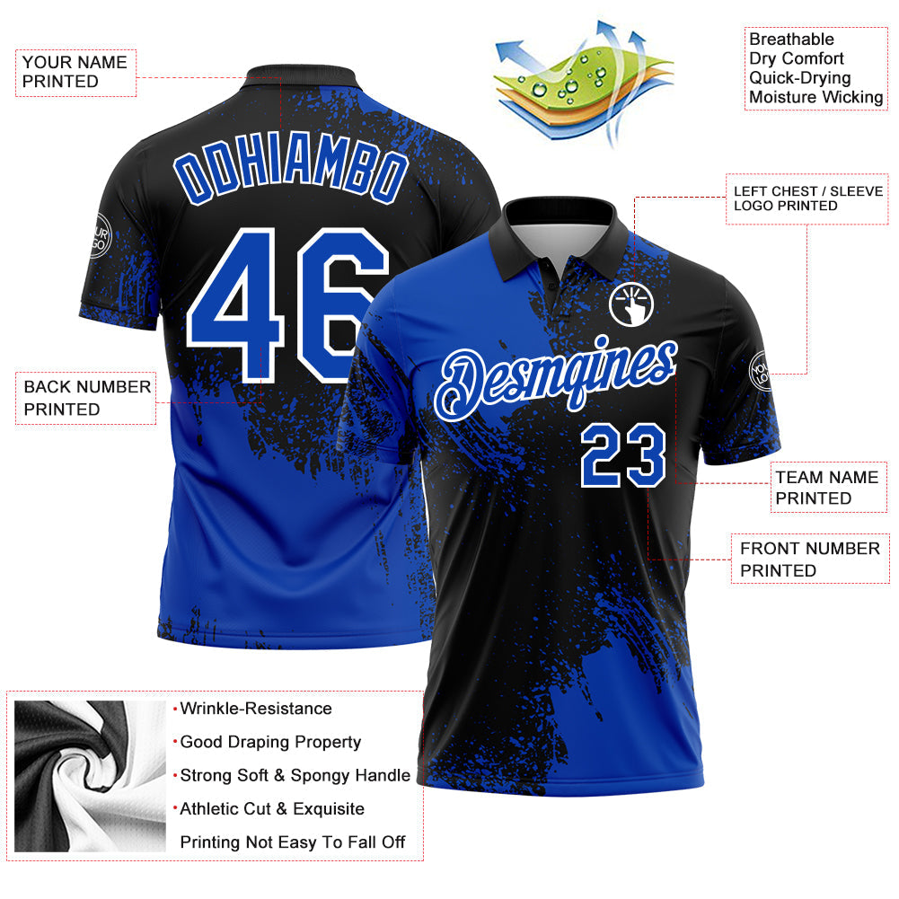 Custom Thunder Blue Black-White 3D Pattern Design Abstract Brush Stroke Performance Polo Shirt view 3