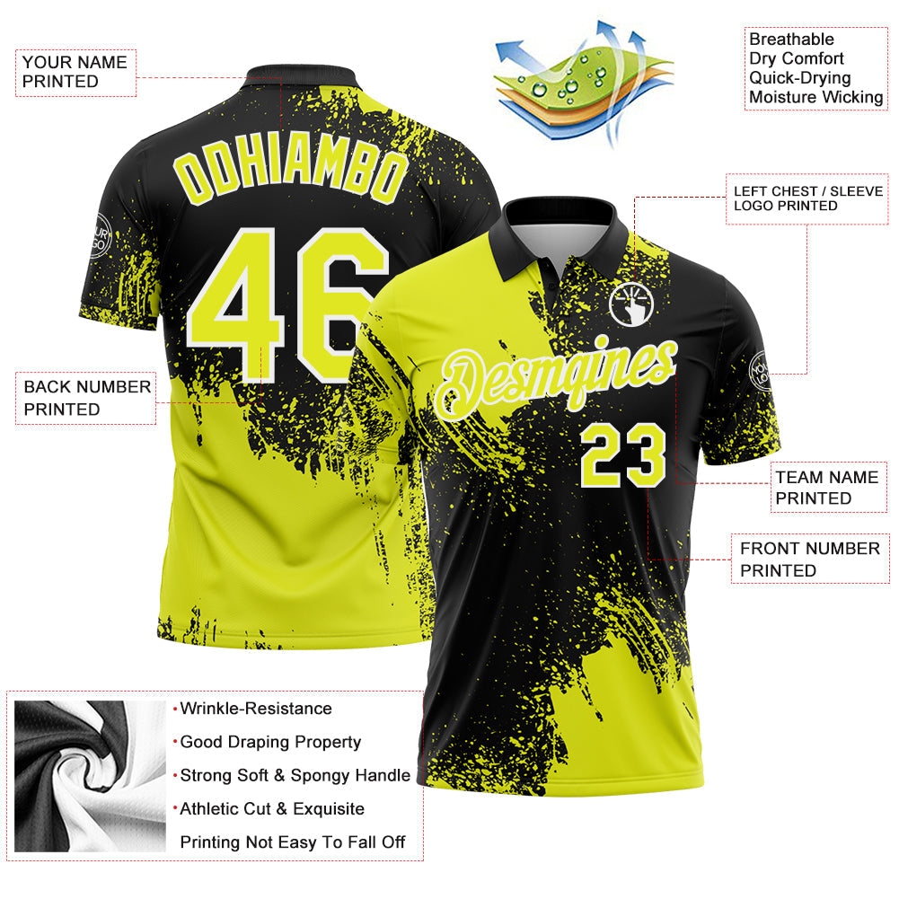 Custom Neon Yellow Black-White 3D Pattern Design Abstract Brush Stroke Performance Polo Shirt view 3