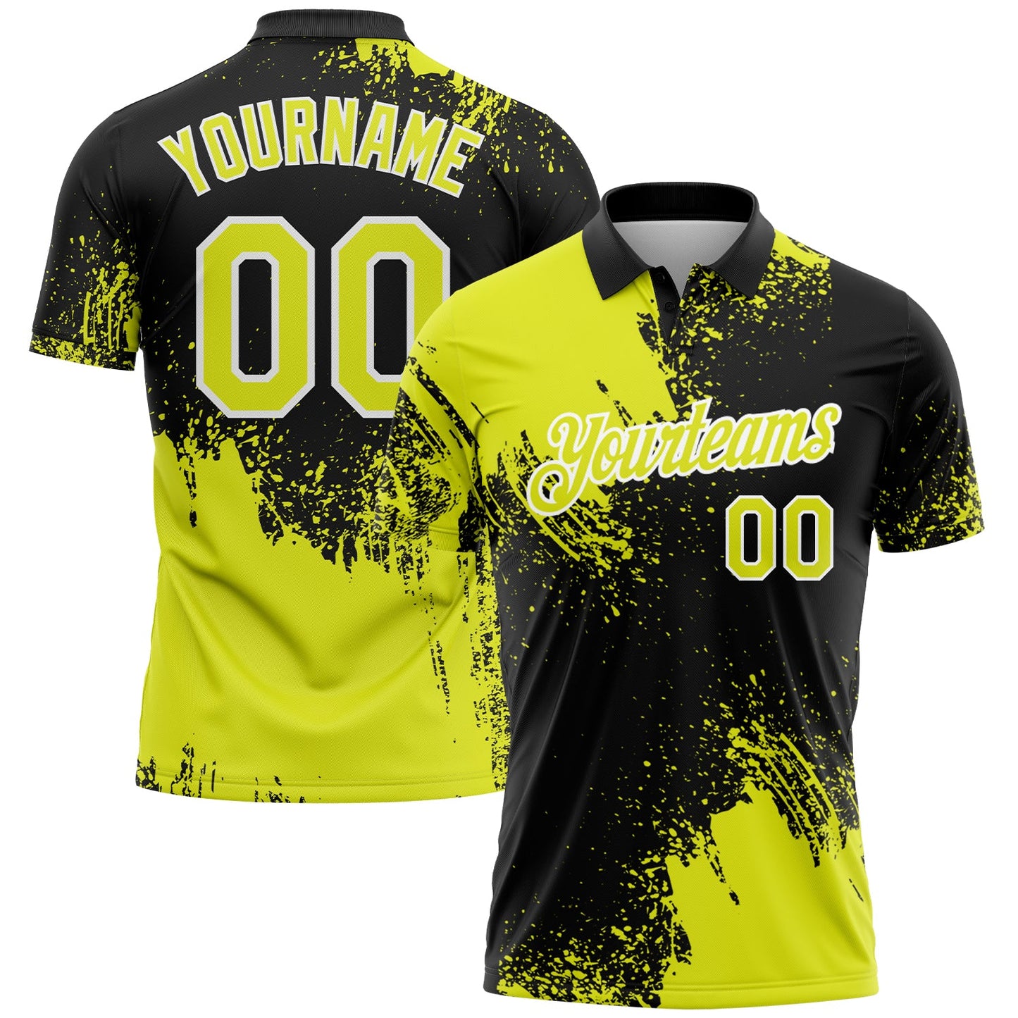 Custom Neon Yellow Black-White 3D Pattern Design Abstract Brush Stroke Performance Polo Shirt - Main View