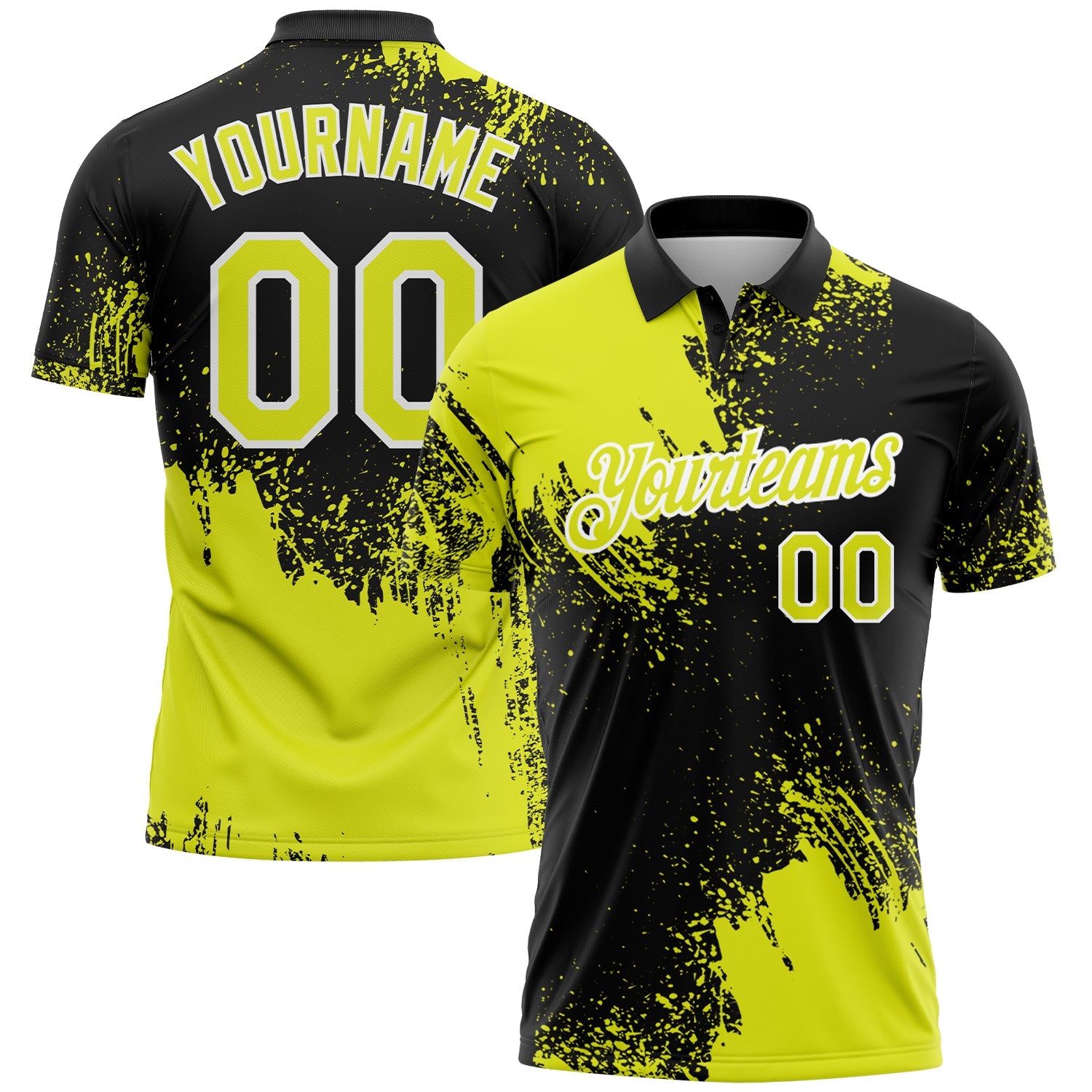 Custom Neon Yellow Black-White 3D Pattern Design Abstract Brush Stroke Performance Polo Shirt - Main View
