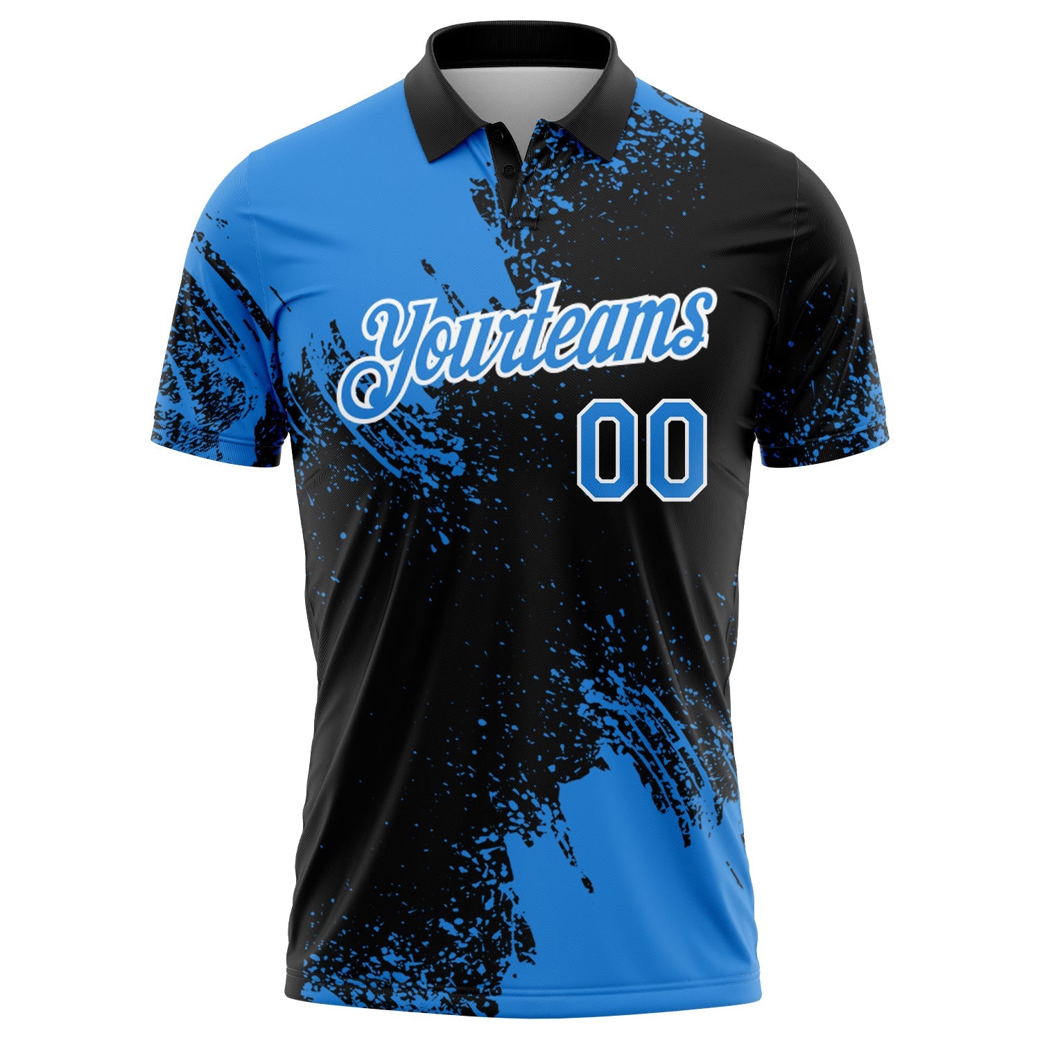 Custom Powder Blue Black-White 3D Pattern Design Abstract Brush Stroke Performance Polo Shirt view 2