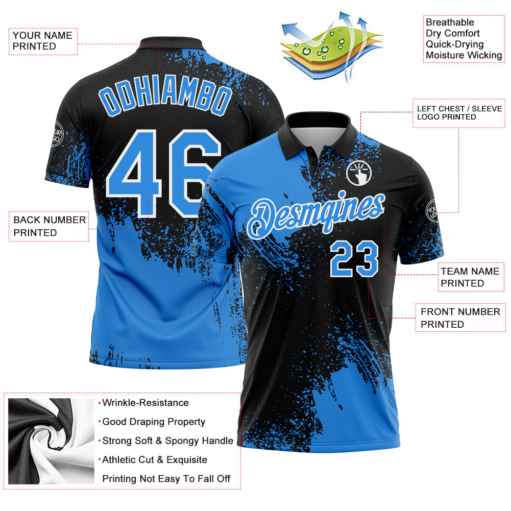 Custom Powder Blue Black-White 3D Pattern Design Abstract Brush Stroke Performance Polo Shirt view 3