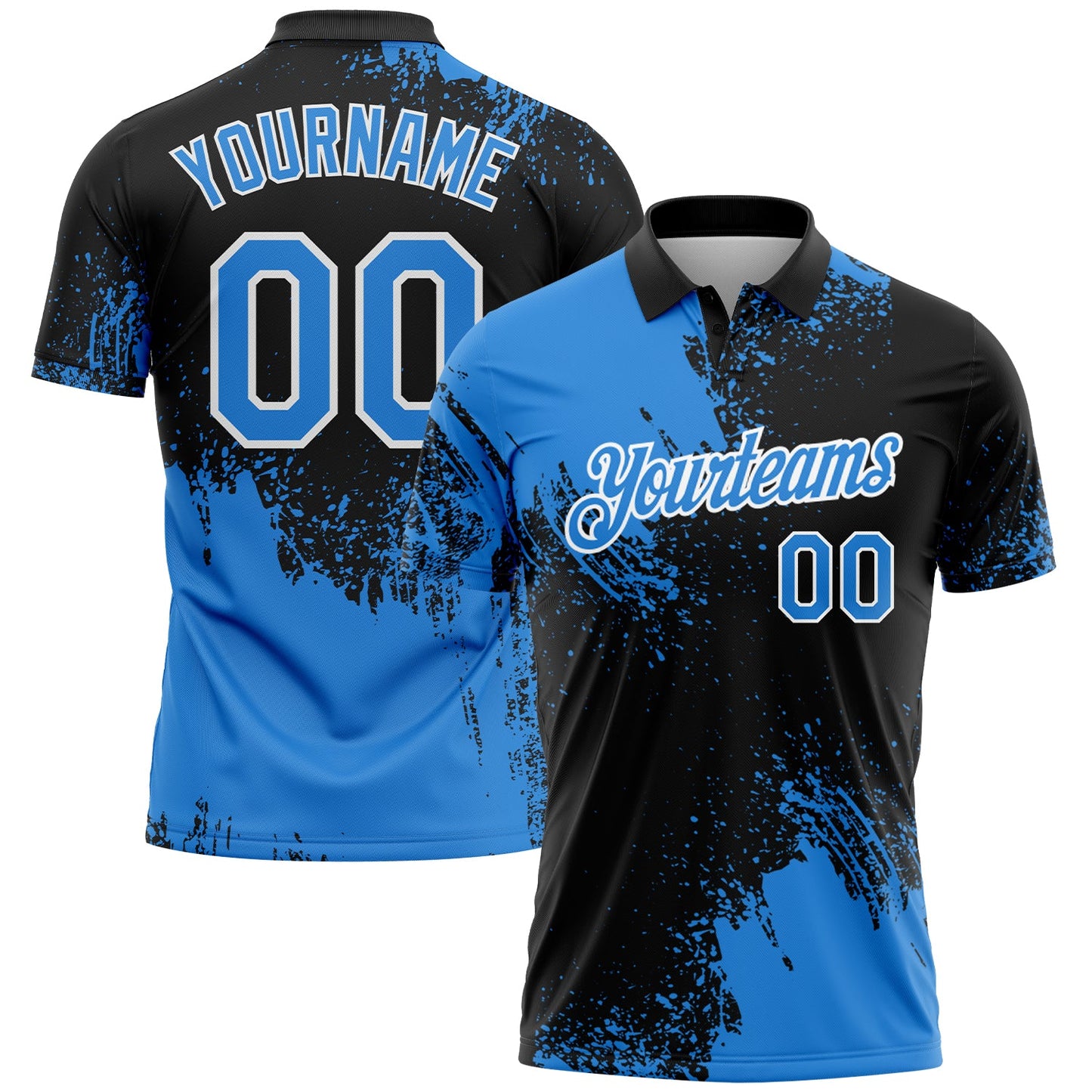 Custom Powder Blue Black-White 3D Pattern Design Abstract Brush Stroke Performance Polo Shirt - Main View