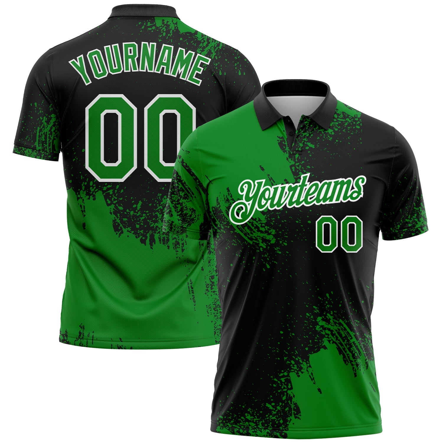 Custom Grass Green Black-White 3D Pattern Design Abstract Brush Stroke Performance Polo Shirt - Main View