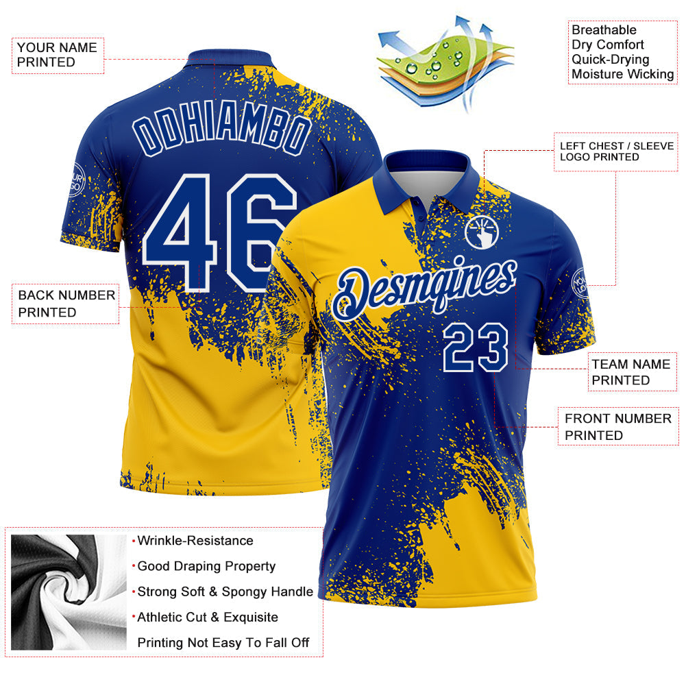 Custom Yellow Royal-White 3D Pattern Design Abstract Brush Stroke Performance Polo Shirt view 3