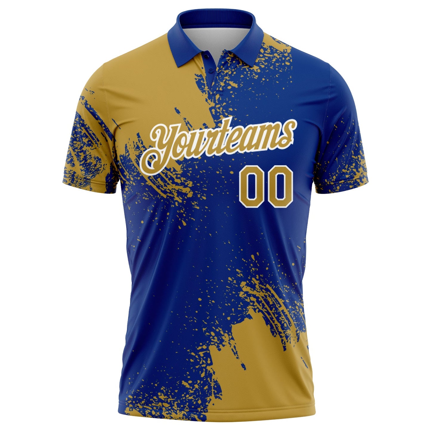 Custom Old Gold Royal-White 3D Pattern Design Abstract Brush Stroke Performance Polo Shirt view 2