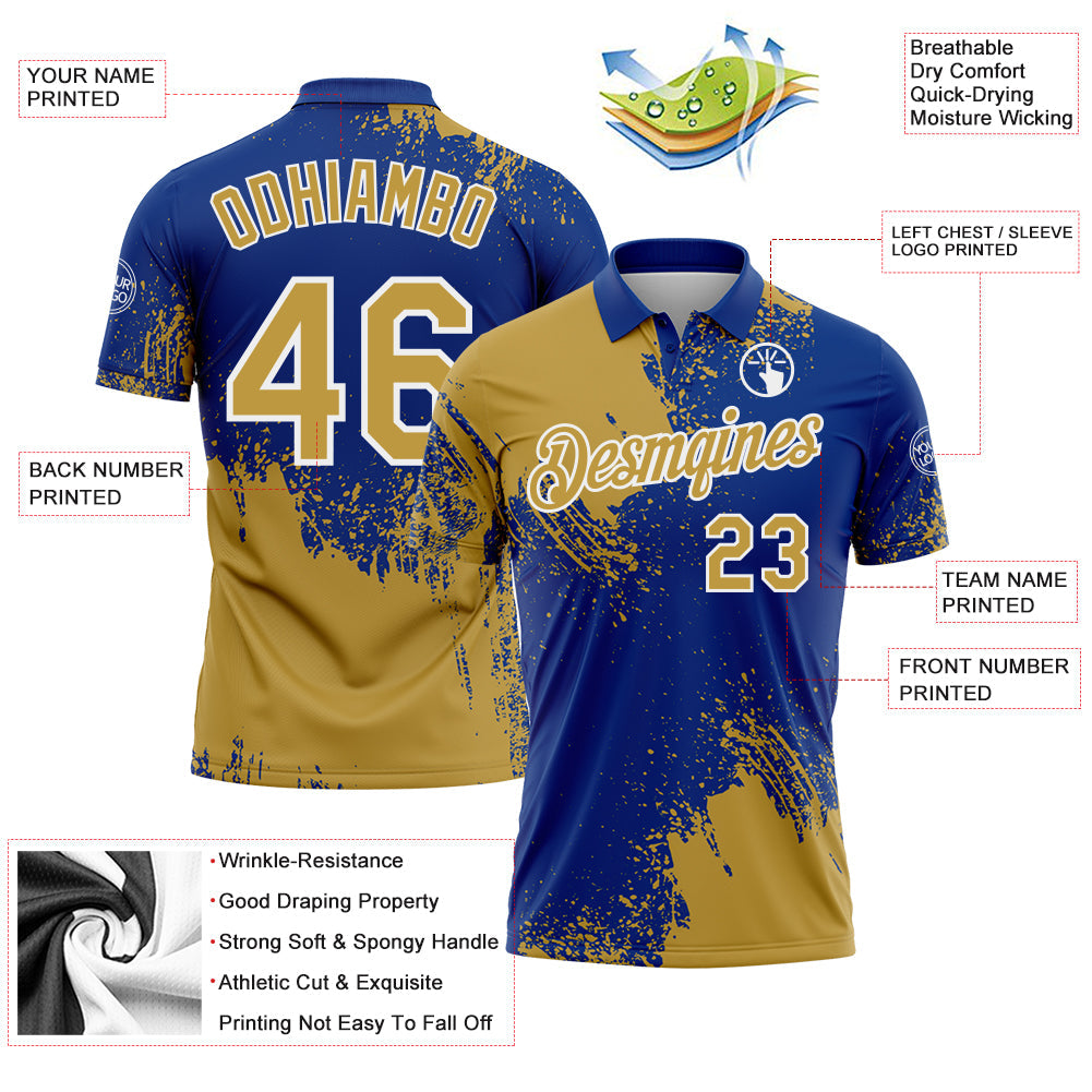 Custom Old Gold Royal-White 3D Pattern Design Abstract Brush Stroke Performance Polo Shirt view 3