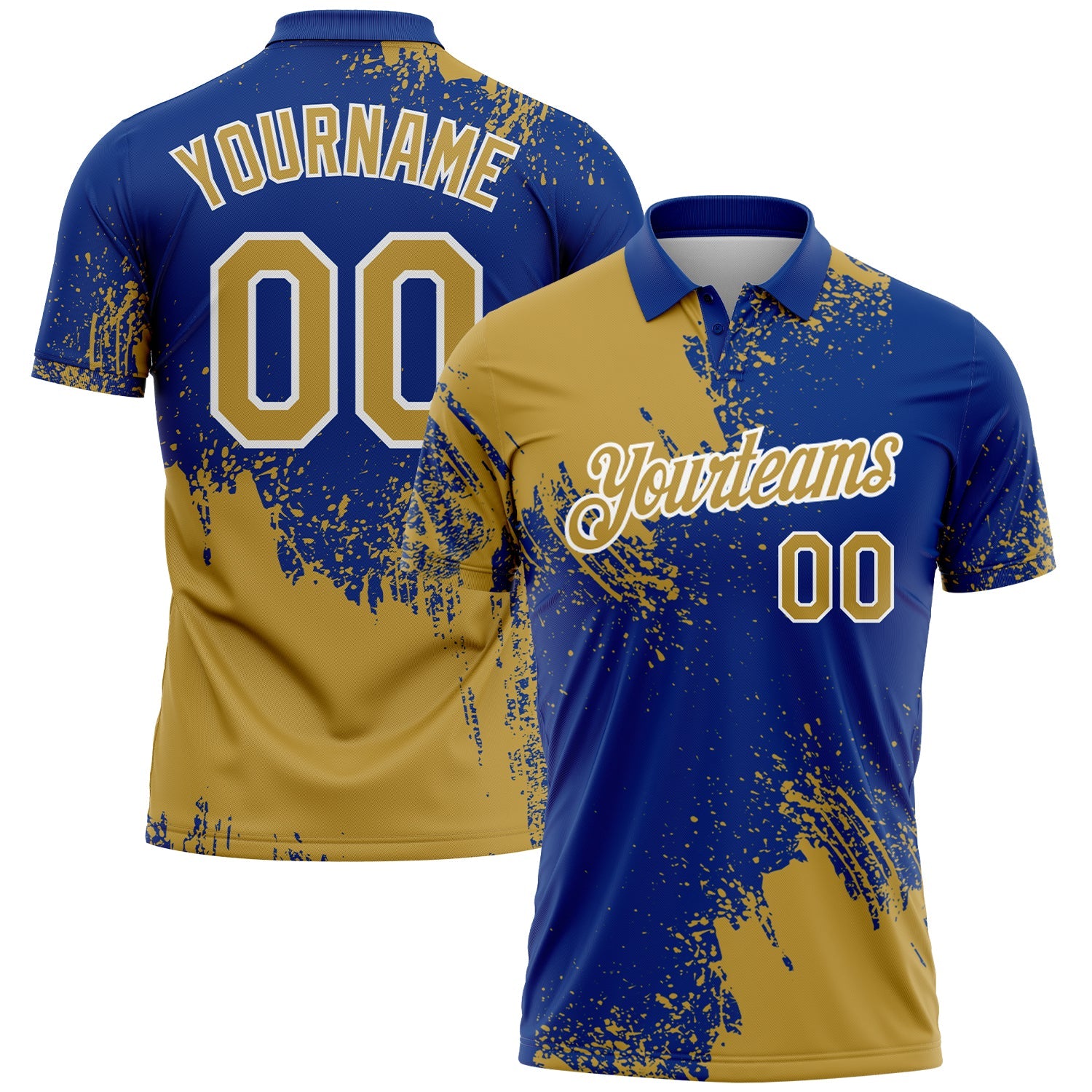 Custom Old Gold Royal-White 3D Pattern Design Abstract Brush Stroke Performance Polo Shirt - Main View