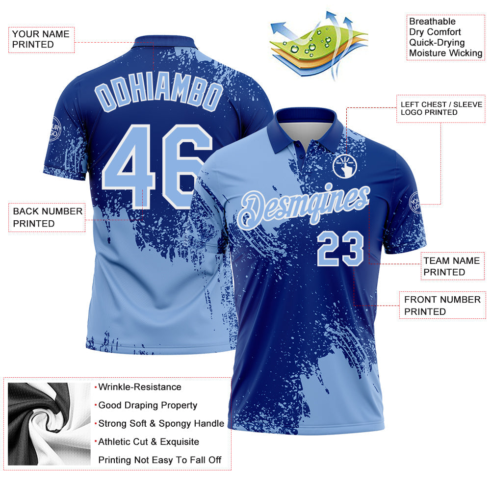 Custom Light Blue Royal-White 3D Pattern Design Abstract Brush Stroke Performance Polo Shirt view 3