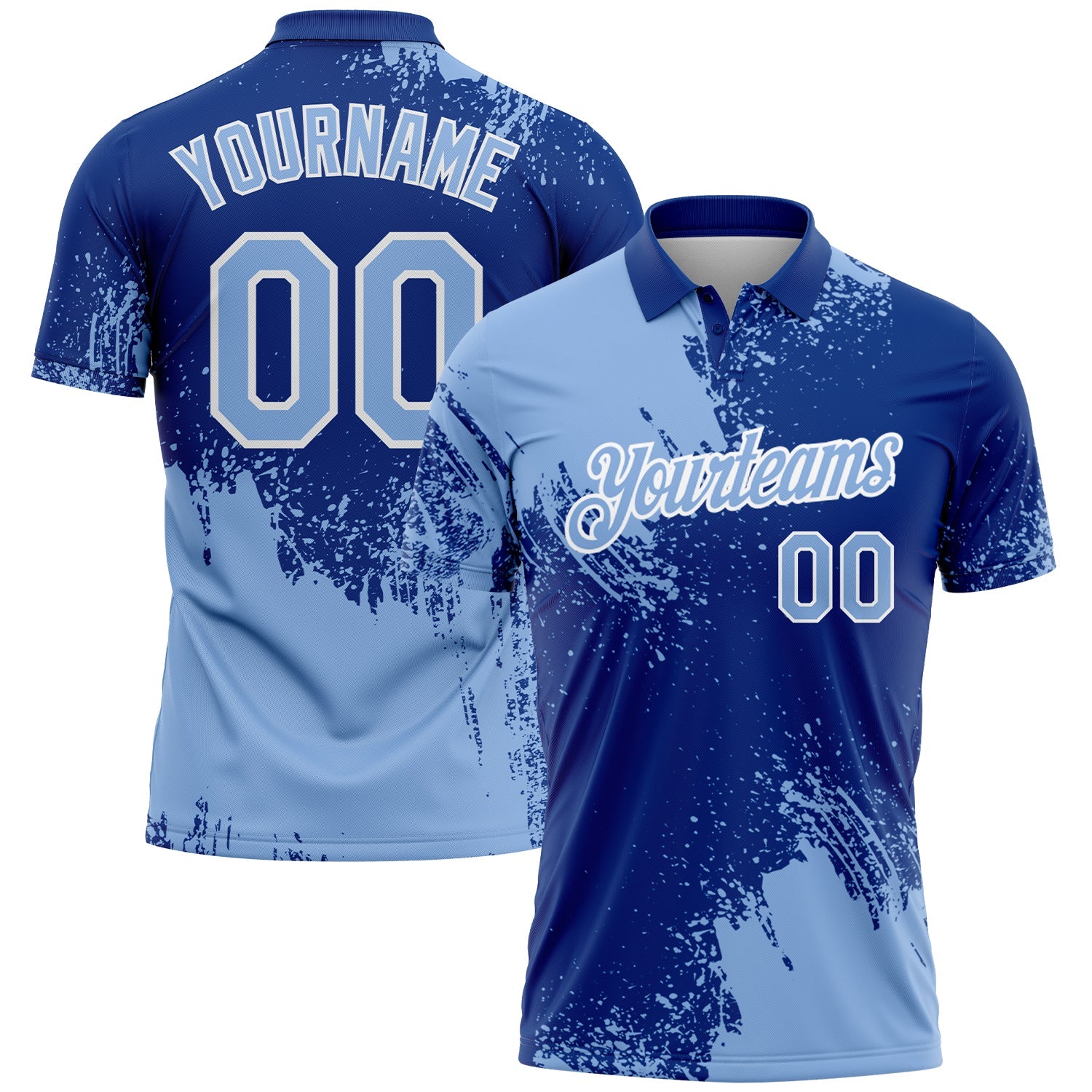 Custom Light Blue Royal-White 3D Pattern Design Abstract Brush Stroke Performance Polo Shirt - Main View