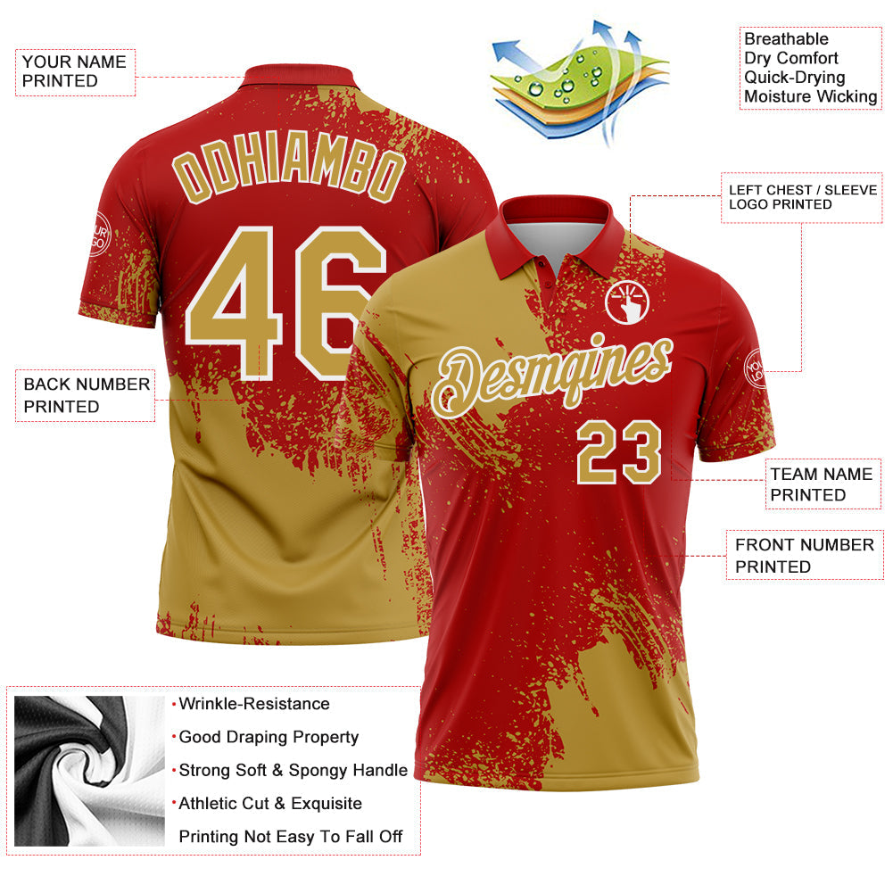 Custom Old Gold Red-White 3D Pattern Design Abstract Brush Stroke Performance Polo Shirt view 3