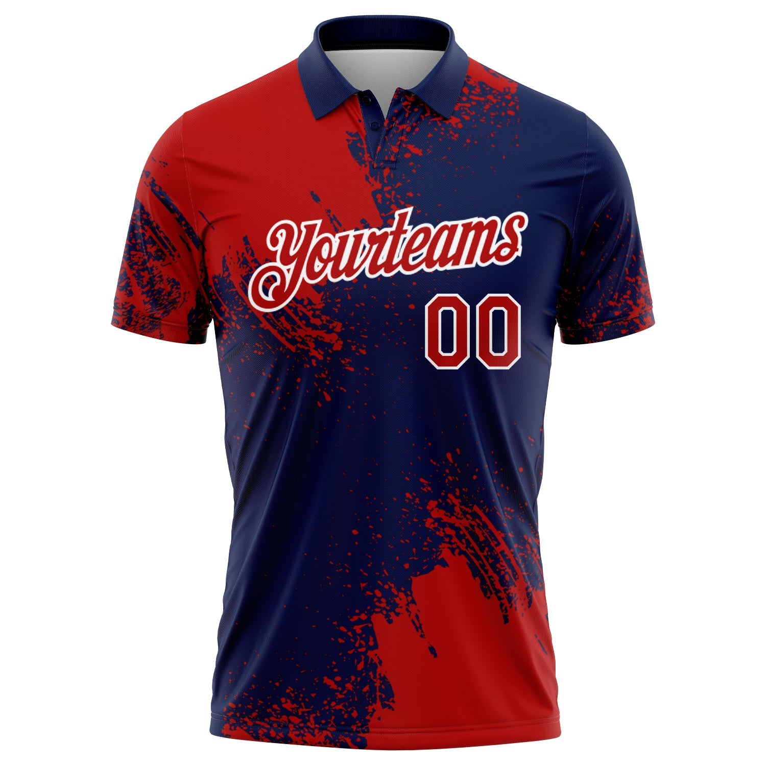 Custom Red Navy-White 3D Pattern Design Abstract Brush Stroke Performance Polo Shirt view 2