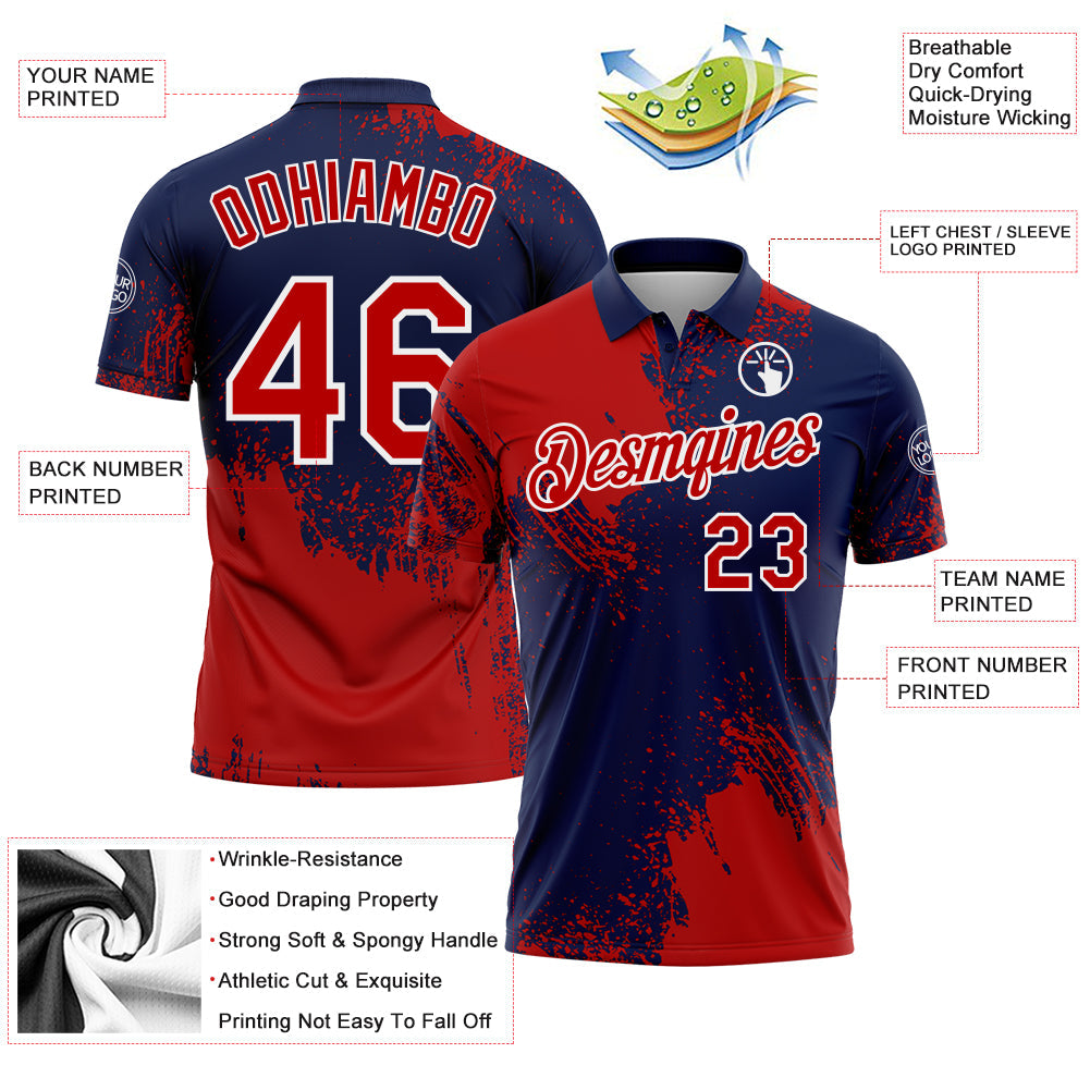 Custom Red Navy-White 3D Pattern Design Abstract Brush Stroke Performance Polo Shirt view 3