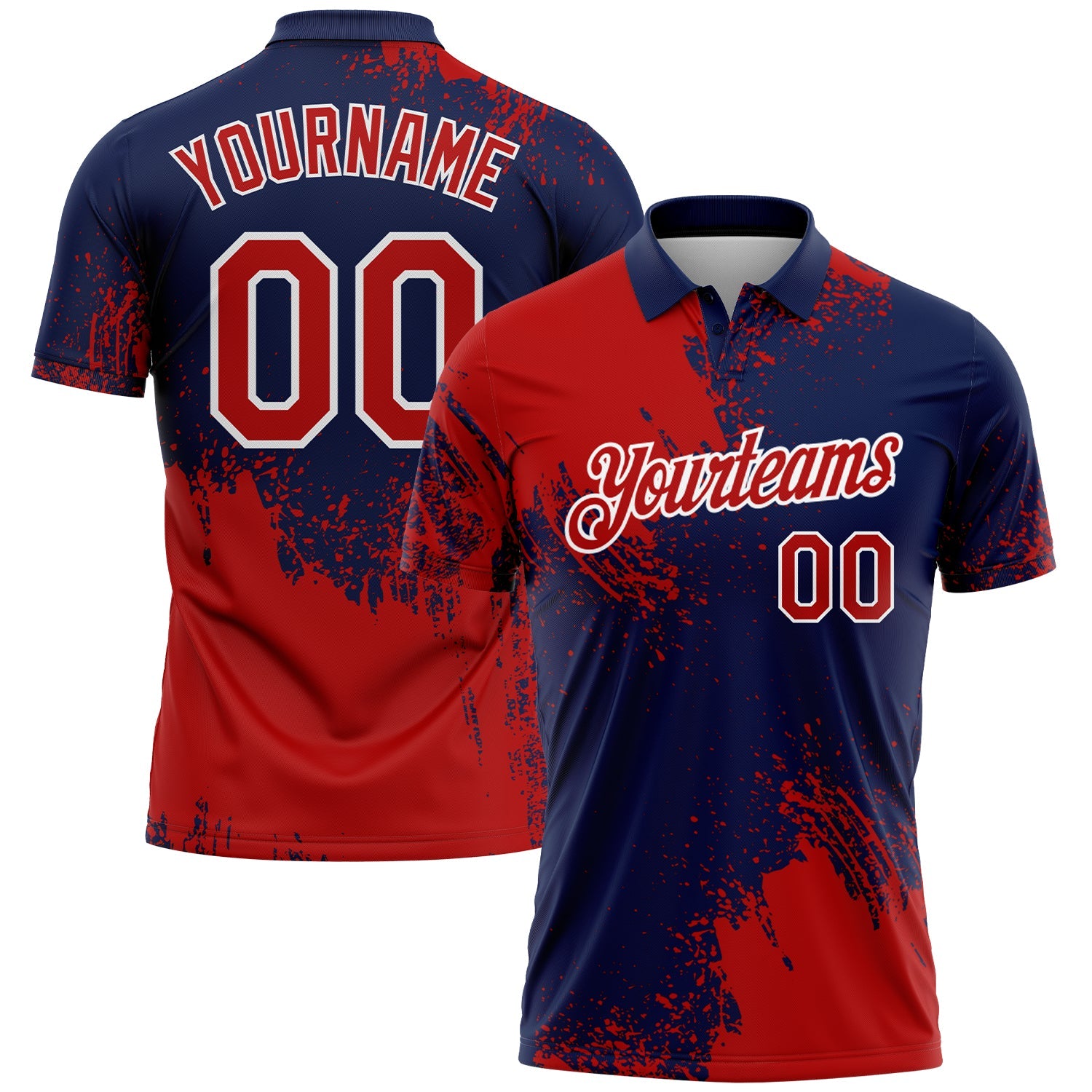 Custom Red Navy-White 3D Pattern Design Abstract Brush Stroke Performance Polo Shirt - Main View