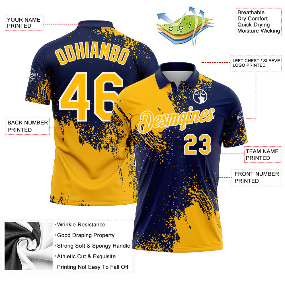 Custom Gold Navy-White 3D Pattern Design Abstract Brush Stroke Performance Polo Shirt view 3
