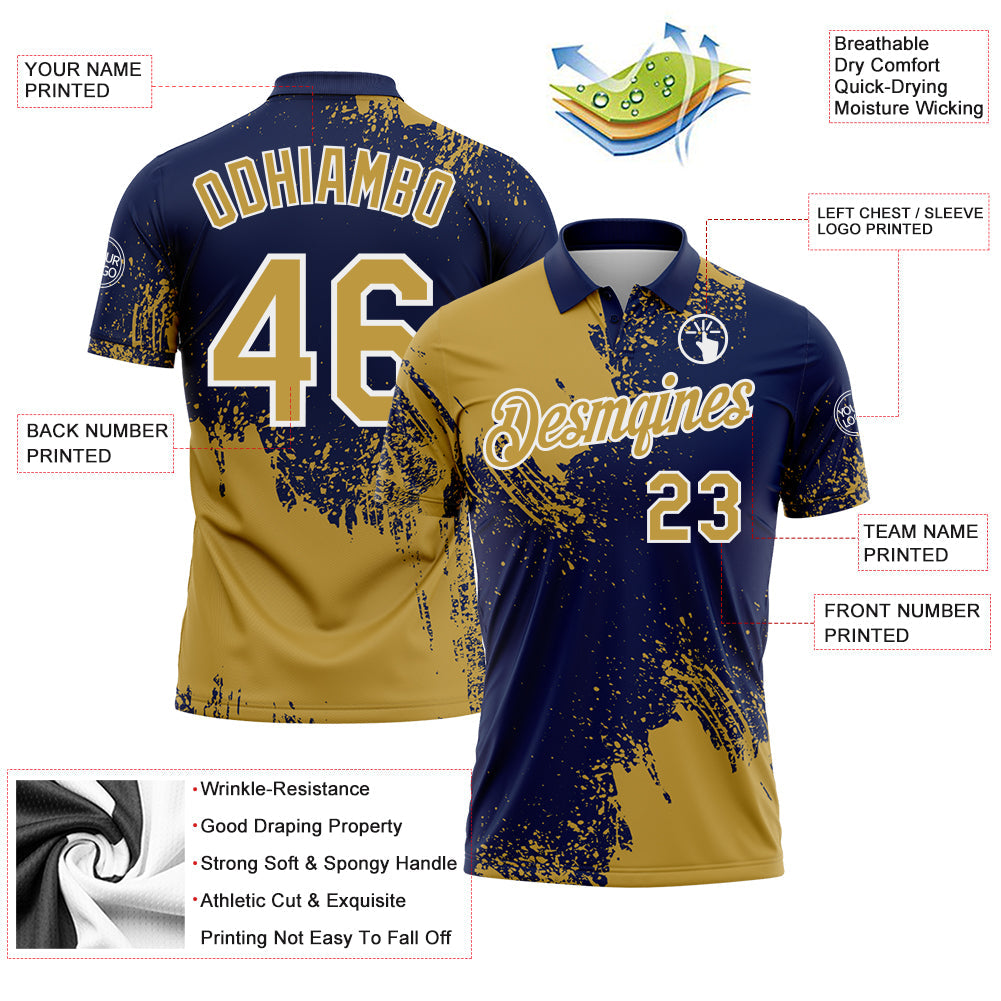 Custom Old Gold Navy-White 3D Pattern Design Abstract Brush Stroke Performance Polo Shirt view 3