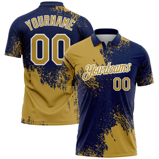 Custom Old Gold Navy-White 3D Pattern Design Abstract Brush Stroke Performance Polo Shirt - Main View