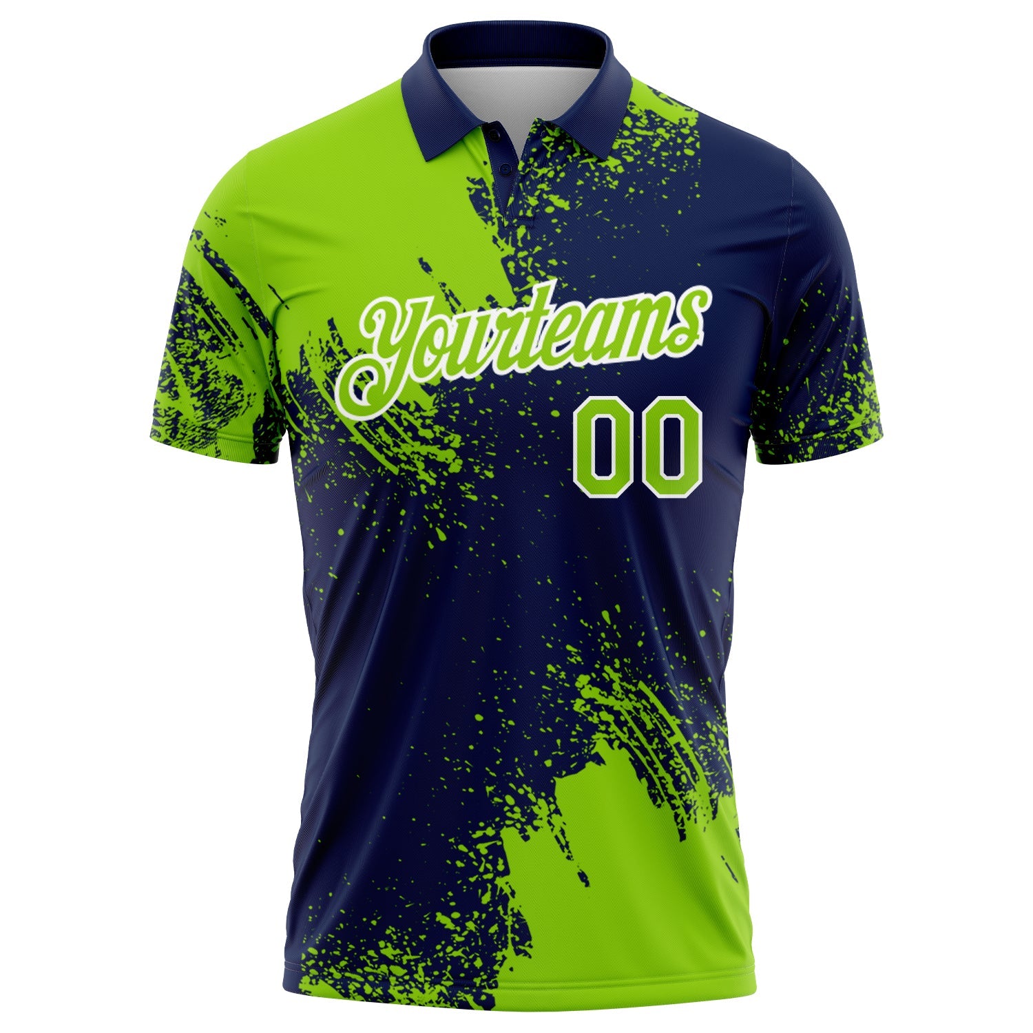 Custom Neon Green Navy-White 3D Pattern Design Abstract Brush Stroke Performance Polo Shirt view 3