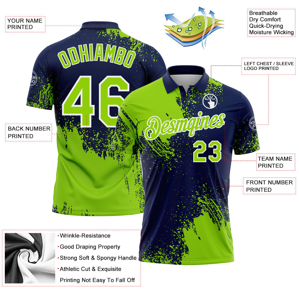 Custom Neon Green Navy-White 3D Pattern Design Abstract Brush Stroke Performance Polo Shirt view 4