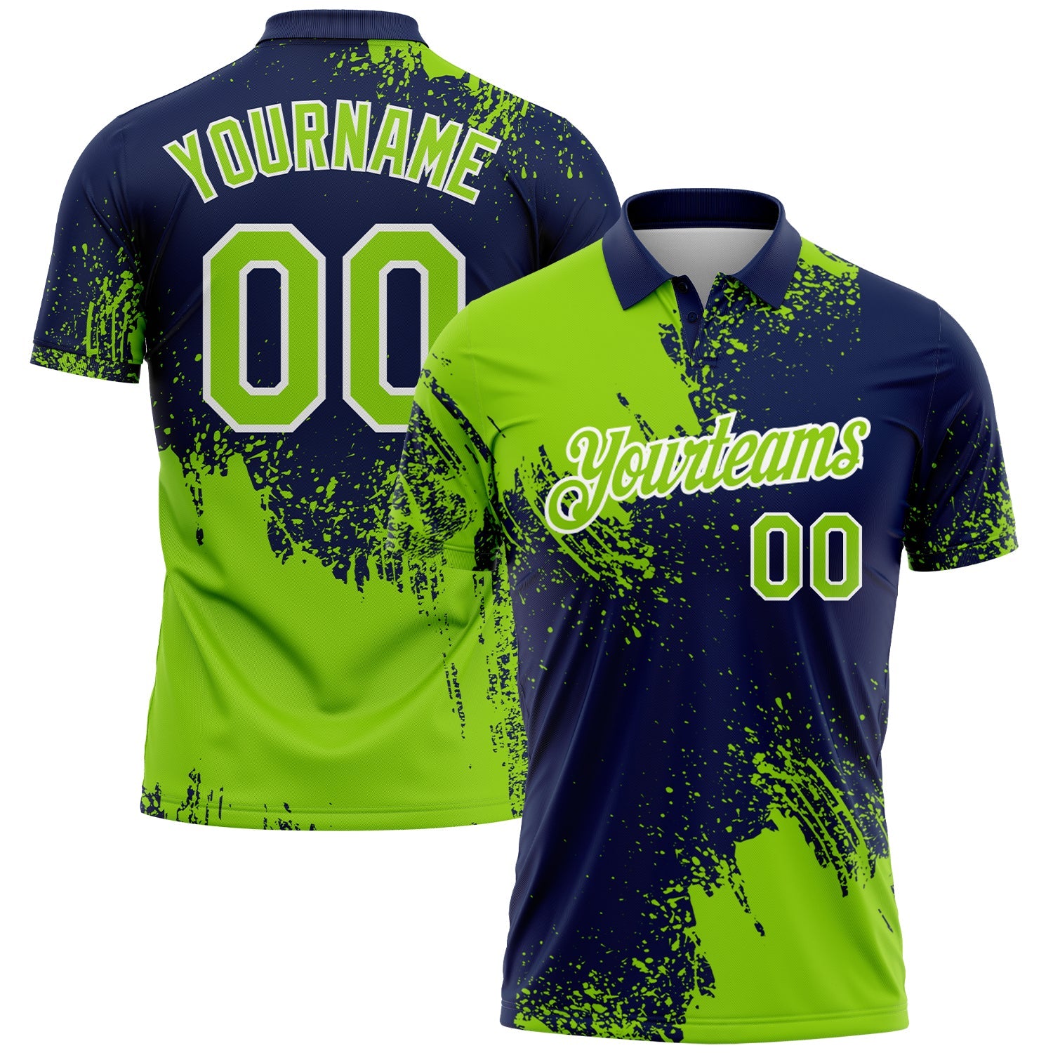 Custom Neon Green Navy-White 3D Pattern Design Abstract Brush Stroke Performance Polo Shirt - Main View