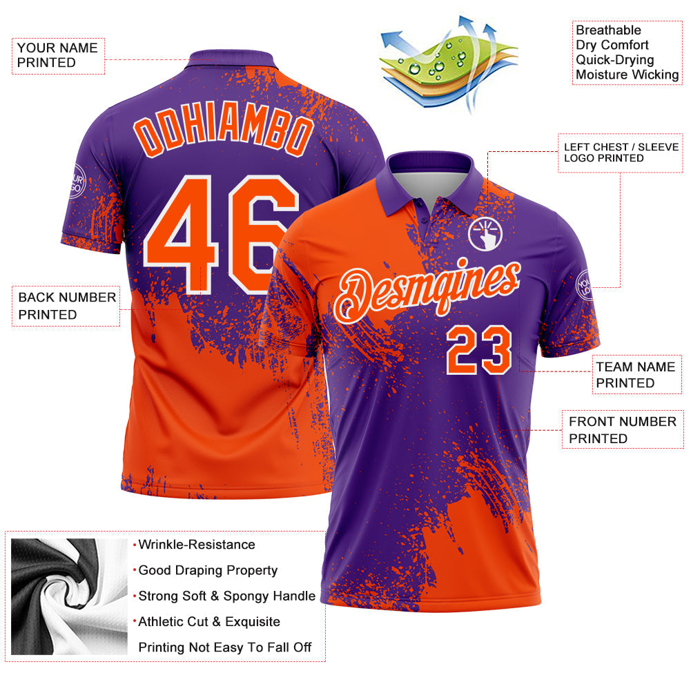 Custom Orange Purple-White 3D Pattern Design Abstract Brush Stroke Performance Polo Shirt view 3