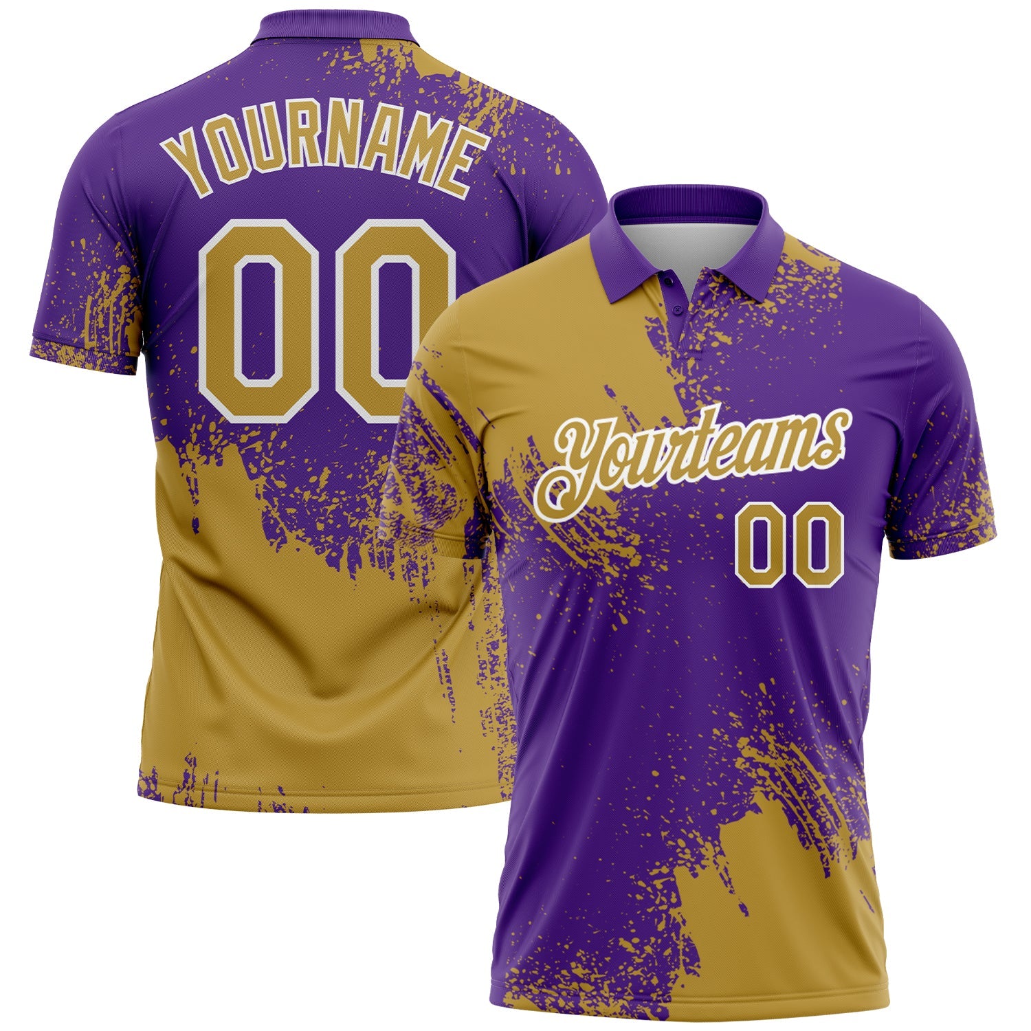 Custom Old Gold Purple-White 3D Pattern Design Abstract Brush Stroke Performance Polo Shirt - Main View