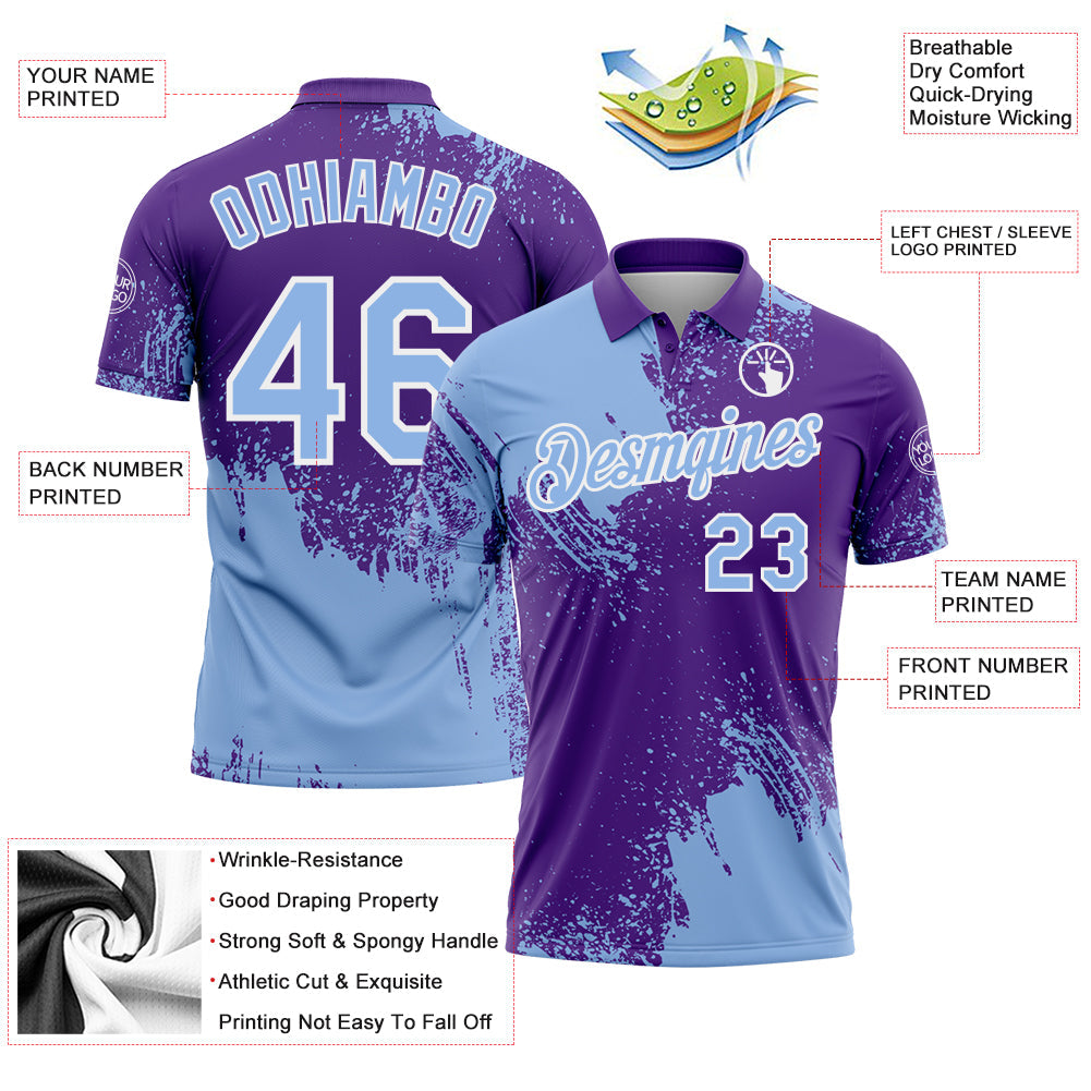 Custom Light Blue Purple-White 3D Pattern Design Abstract Brush Stroke Performance Polo Shirt view 3