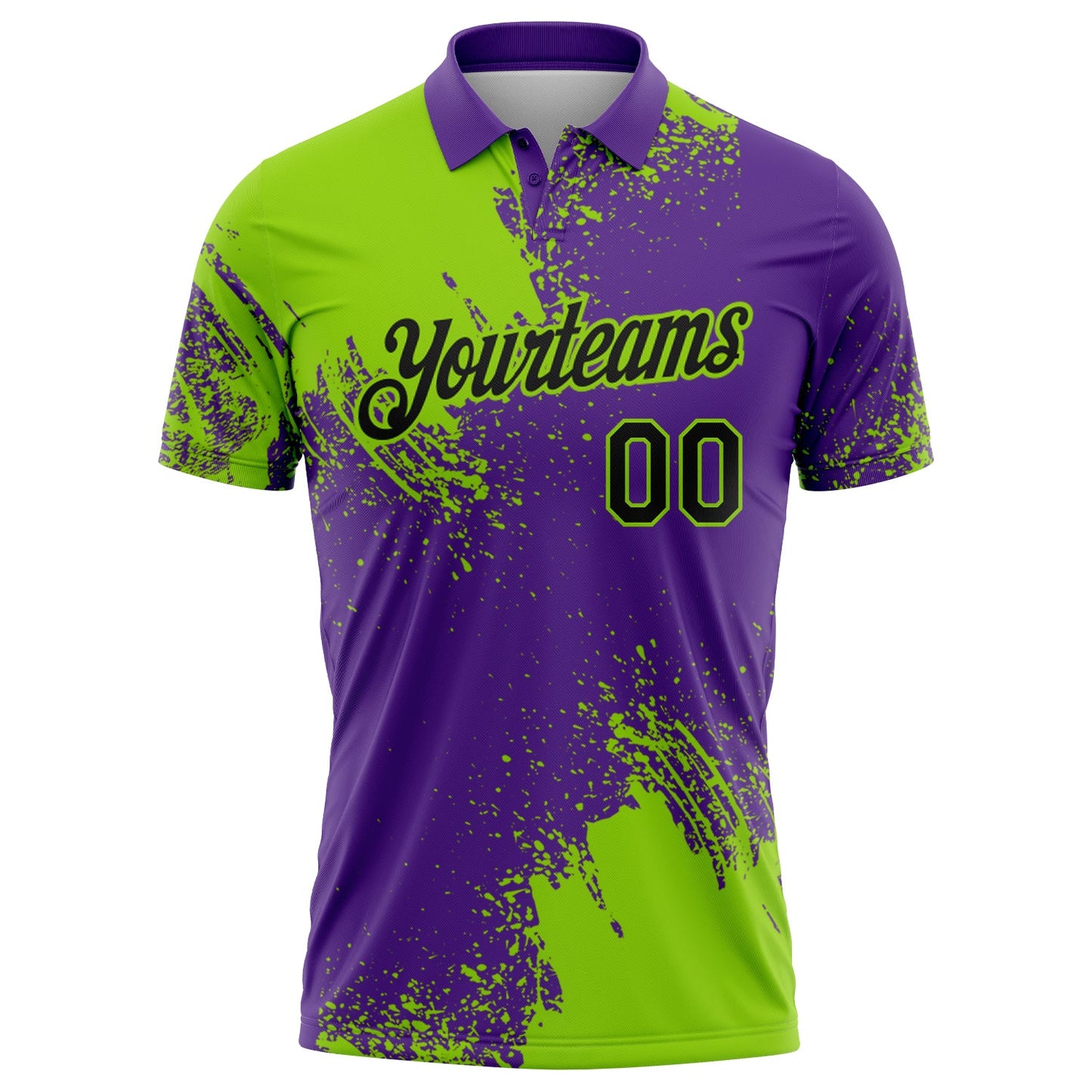 Custom Neon Green Black-Purple 3D Pattern Design Abstract Brush Stroke Performance Polo Shirt view 2
