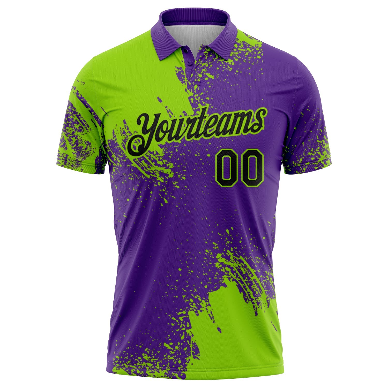 Custom Neon Green Black-Purple 3D Pattern Design Abstract Brush Stroke Performance Polo Shirt view 2