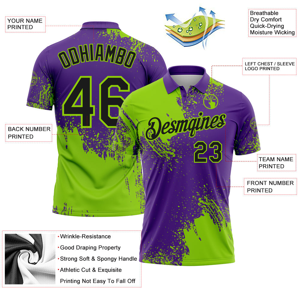 Custom Neon Green Black-Purple 3D Pattern Design Abstract Brush Stroke Performance Polo Shirt view 3