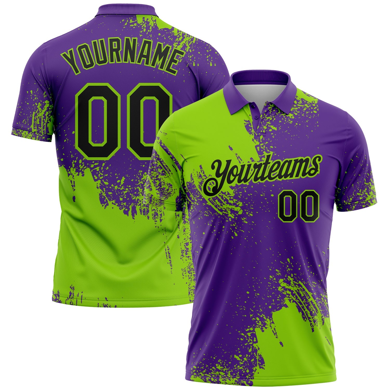 Custom Neon Green Black-Purple 3D Pattern Design Abstract Brush Stroke Performance Polo Shirt - Main View
